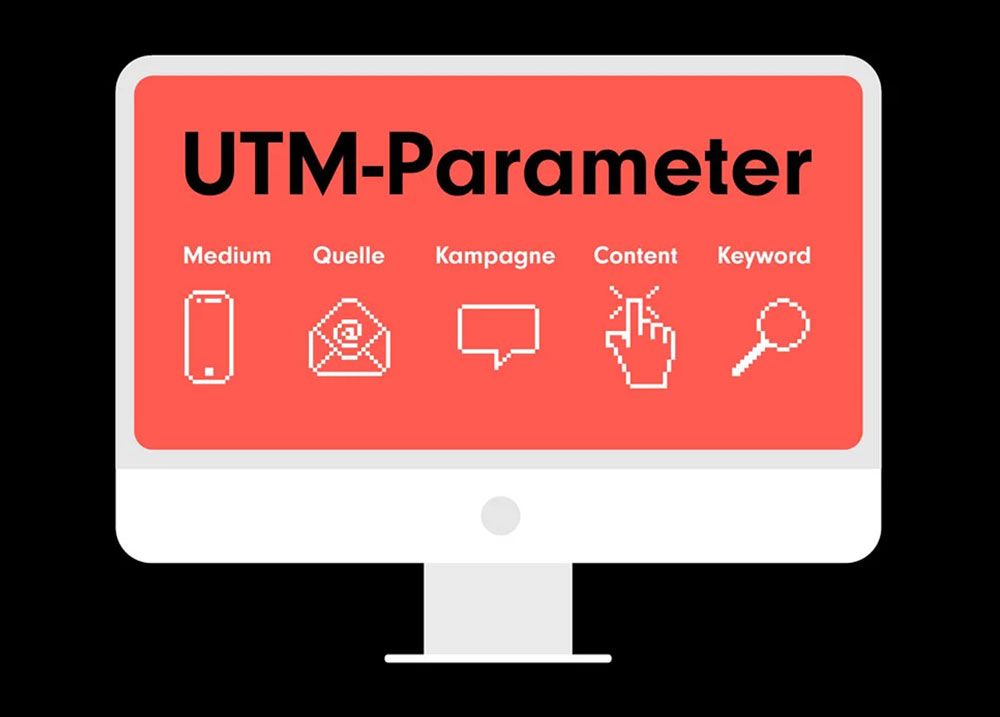 Das Bild zeigt eine Illustration eines Computermonitors mit einem Bildschirm, der Informationen über UTM-Parameter präsentiert. Der Hintergrund des Bildschirms ist in einem leuchtenden Rot mit weißen Buchstaben, die die fünf Haupttypen von UTM-Parametern auflisten: "Medium", "Quelle", "Kampagne", "Content" und "Keyword". Jeder Parameter ist mit einem einfachen, weißen Symbol versehen, das den jeweiligen Parameter repräsentiert: ein Mobiltelefon für "Medium", ein Briefumschlag für "Quelle", Sprechblasen für "Kampagne", eine Hand, die auf eine Schaltfläche klickt für "Content", und eine Lupe für "Keyword".  Die Visualisierung dient dazu, ein Verständnis dafür zu vermitteln, wie UTM-Parameter in der digitalen Marketing- und Analysewelt verwendet werden, um Daten von Online-Kampagnen zu tracken und zu unterscheiden, woher Traffic stammt und wie Nutzer mit Inhalten interagieren. Die Monitorillustration ist schlicht gehalten mit einem weißen Rahmen und Standfuß, was den Fokus auf den Bildschirminhalt lenkt.