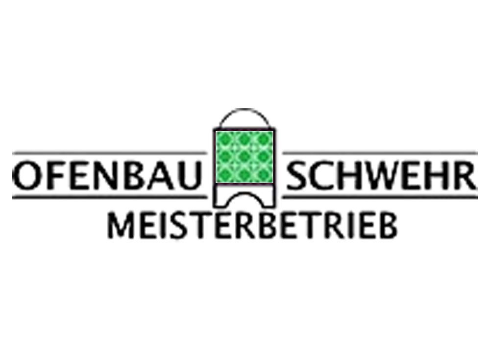 Das Bild zeigt ein Logo mit dem Schriftzug "OFENBAU SCHWEHR MEISTERBETRIEB". Der Text ist in zwei Zeilen aufgeteilt, wobei "OFENBAU" und "MEISTERBETRIEB" in der oberen Zeile in Großbuchstaben stehen und "SCHWEHR" in der unteren Zeile zentriert ist. Am rechten Rand befindet sich ein grafisches Element, das aussieht wie ein Ofen oder Kamin mit einem grünen Muster im Feuerraum. Der gesamte Text und das grafische Element sind in einem einfachen, geradlinigen Schriftstil gehalten, was auf das Handwerk und die Professionalität des Betriebs hinweisen könnte.