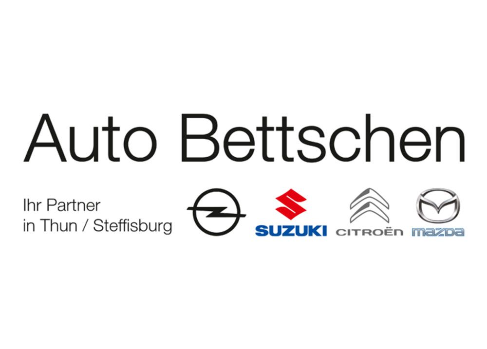 Das Bild zeigt ein Logo mit dem Text "Auto Bettschen - Ihr Partner in Thun / Steffisburg". Unter dem Text befinden sich die Logos von vier Automarken: Opel, Suzuki, Citroën und Mazda. Das Opel-Logo ist ein Kreis mit einem Blitz in der Mitte, das Suzuki-Logo besteht aus einem stilisierten "S", das Citroën-Logo zeigt zwei umgekehrte V-förmige Pfeilspitzen und das Mazda-Logo ist ein stilisiertes "M" in einem Oval. Alle Markenlogos sind in ihren typischen Farben dargestellt: Opel in Schwarz, Suzuki in Rot, Citroën in Grau und Mazda in Silber.